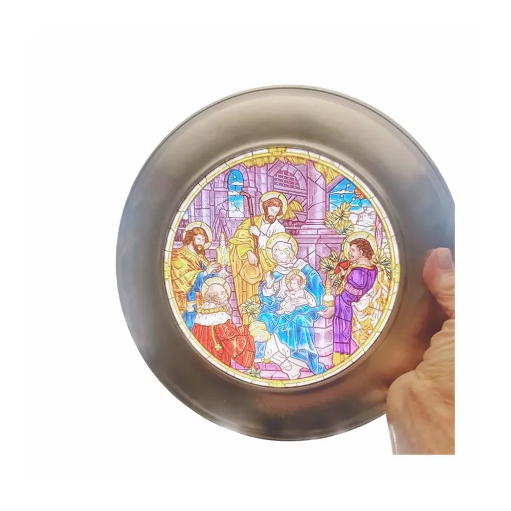 Vintage Hand Made Stained Glass Pewter Nativity Plate